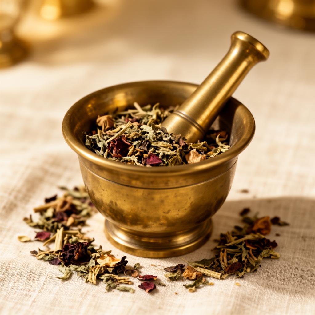 Brass mortar and pestle with dried herbs on linen